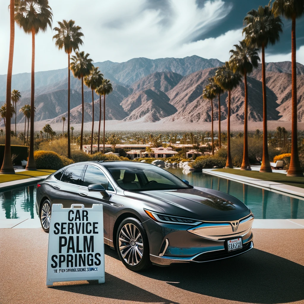 Sleek modern car parked beside a Palm Springs promotional sign with a backdrop of majestic mountains, palm trees, and a serene pool.