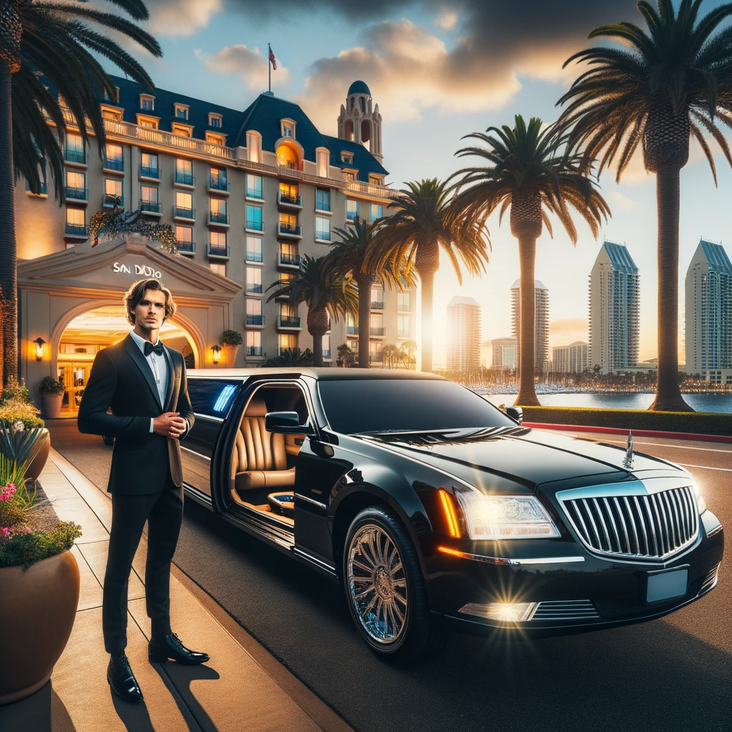 A sleek black limousine with a plush interior parked outside a luxurious hotel in San Diego, with a chauffeur ready to assist and the city skyline in the backdrop.